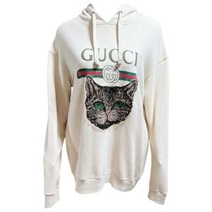 Gucci Cream Hoodie with Mystic Cat Design Sequins Luxury size Small Authentic